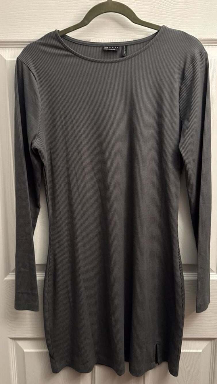 ASOS DESIGN Ribbed Long Sleeve Mini Dress Charcoal Grey Size US 14